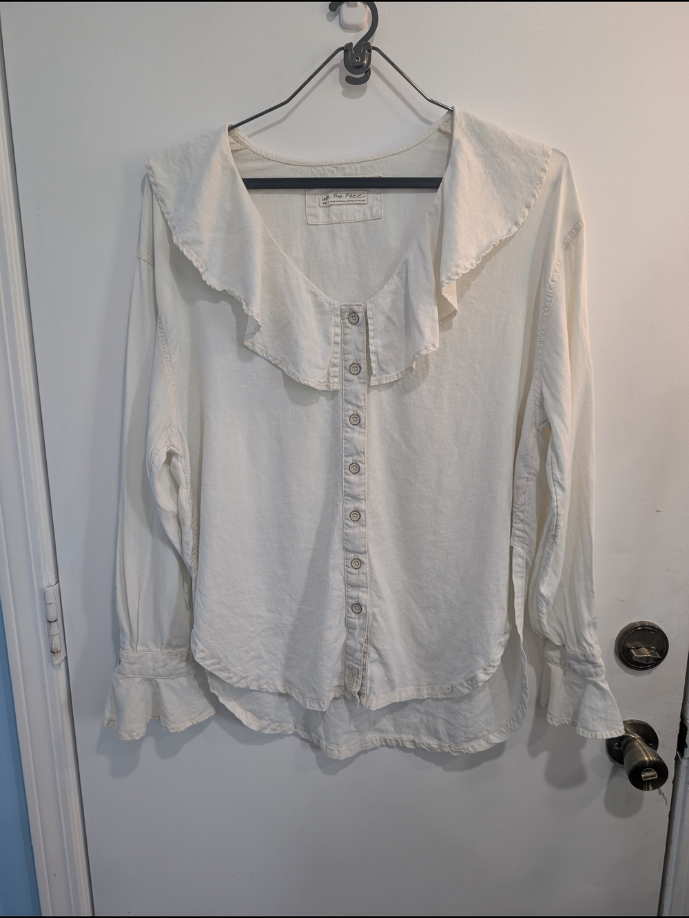 We The Free Cream Ruffled Collar Button-Front Linen Blend Women's Top Size Small